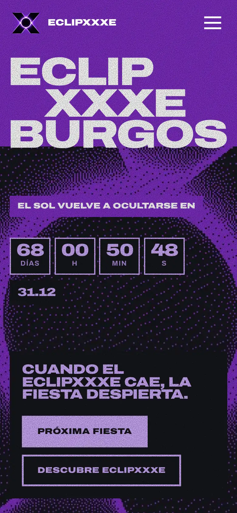 Versión móvil de la web de ECLIPXXXE con la cuenta atrás de la próxima fiesta