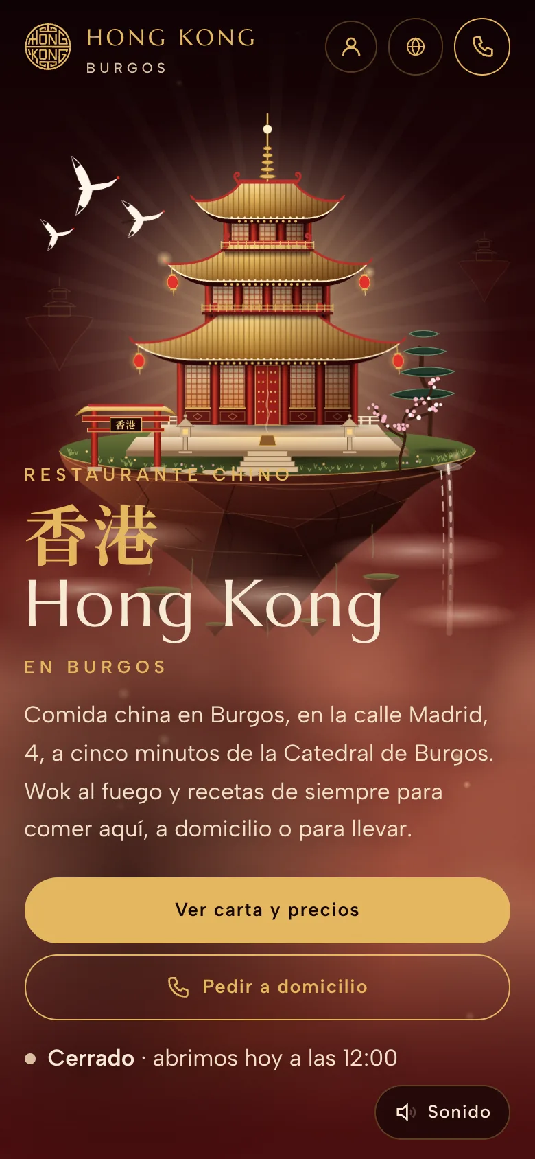 Versión móvil de la web del restaurante Hong Kong, con los botones Ver carta y Pedir a domicilio