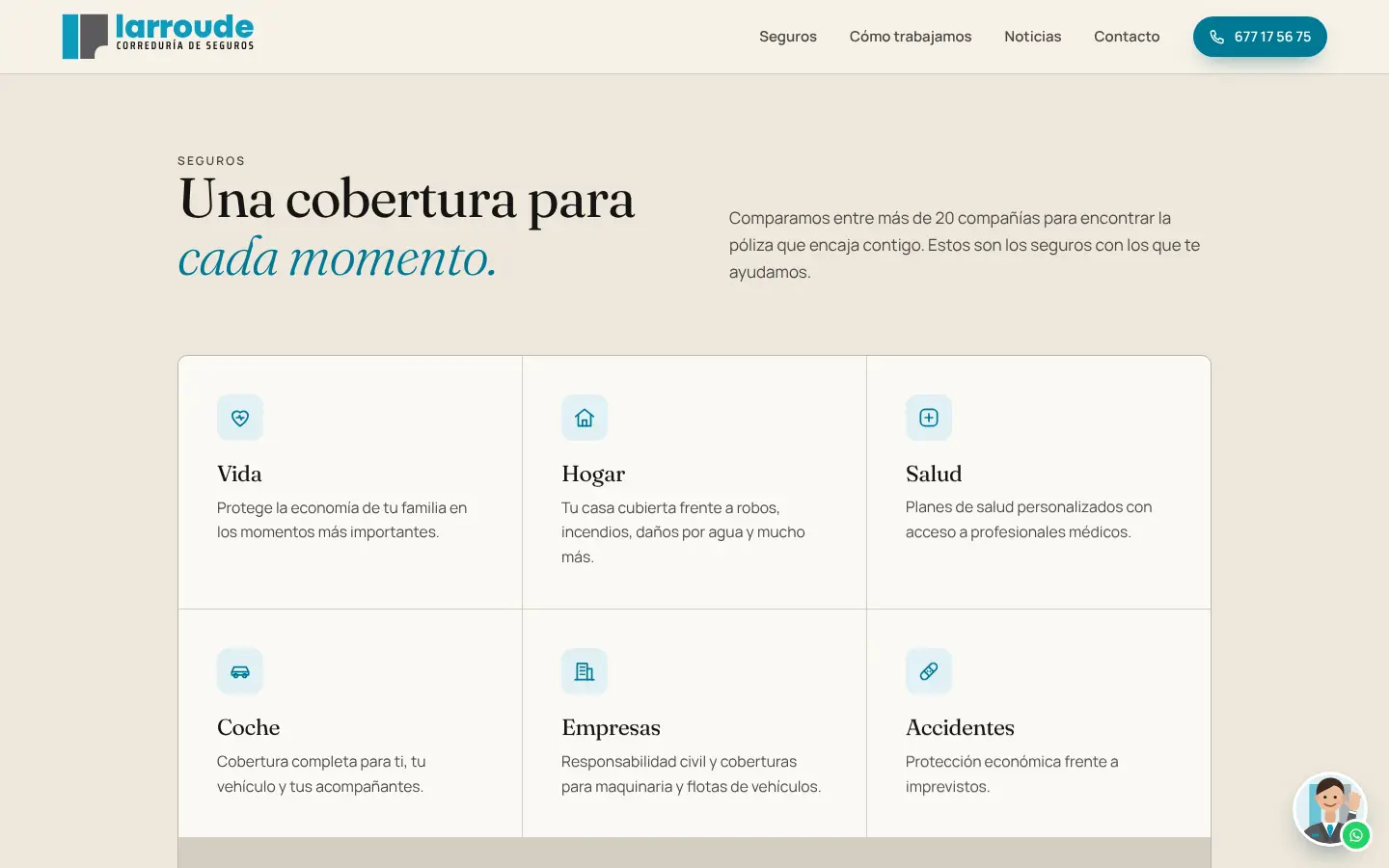 Sección de seguros de la propuesta de Larroude, con tarjetas de vida, hogar, salud, coche, empresas y accidentes