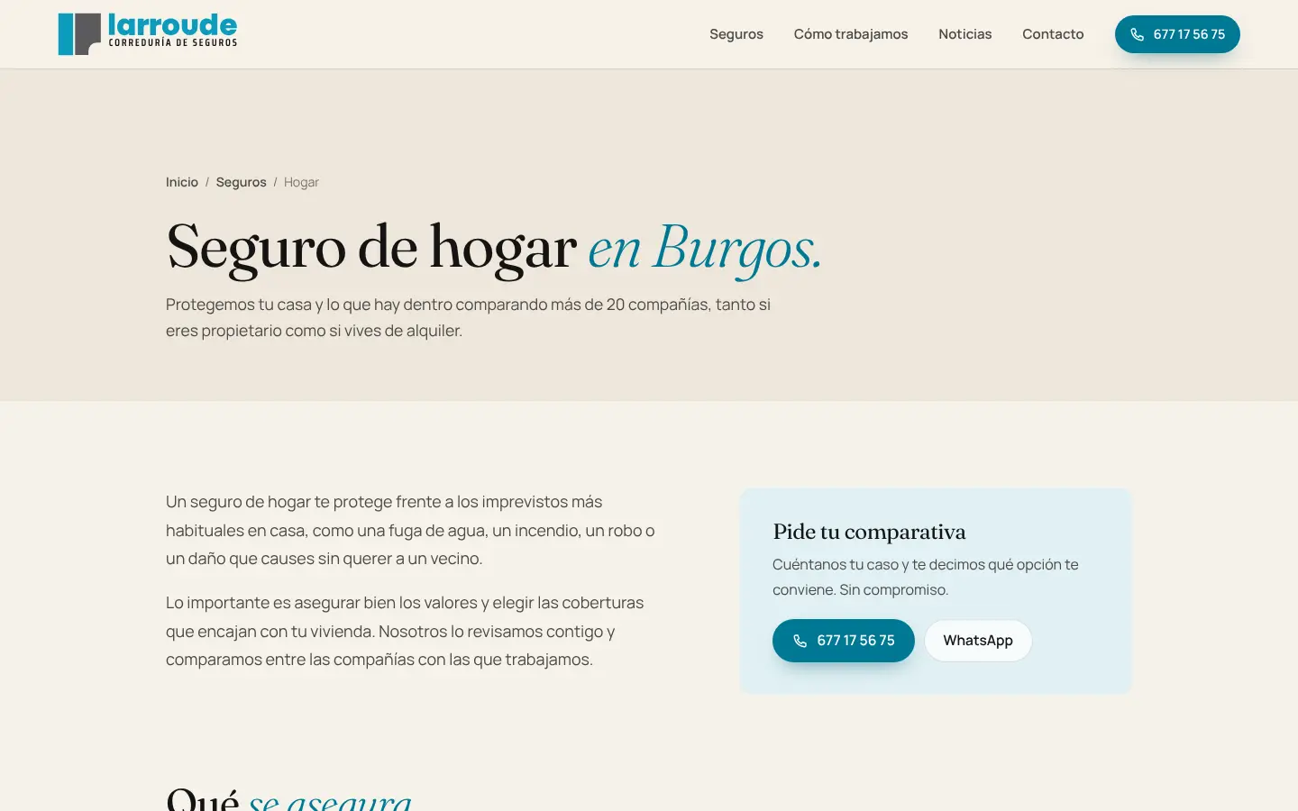 Página del seguro de hogar en Burgos de la propuesta de Larroude, con un recuadro para pedir comparativa