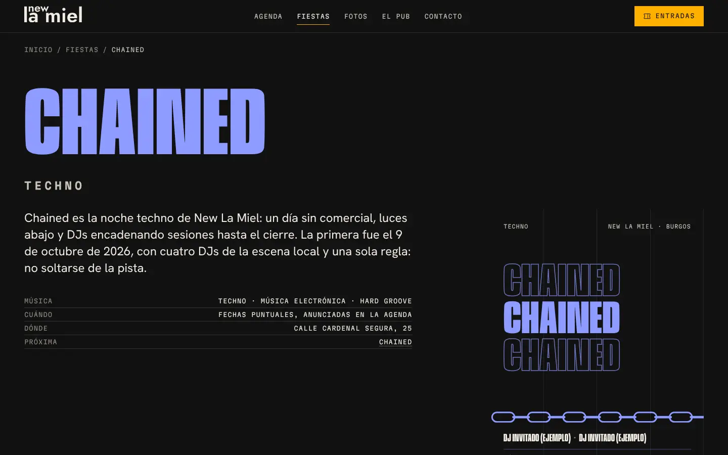 Página de la fiesta techno Chained en la propuesta de New La Miel, con su descripción y su cartel en violeta