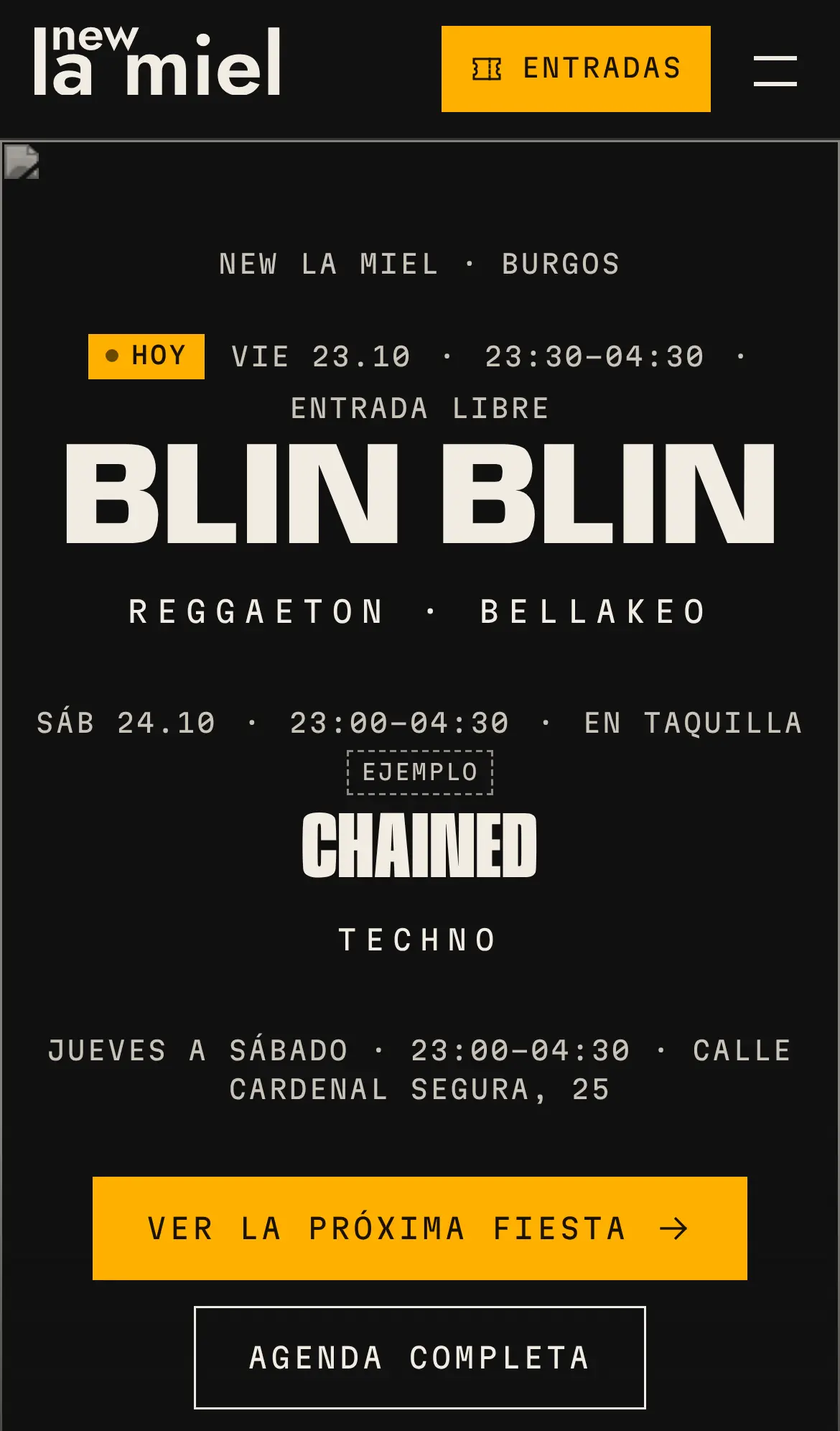 Versión móvil de la portada de la propuesta de New La Miel, con la próxima fiesta y el botón de entradas