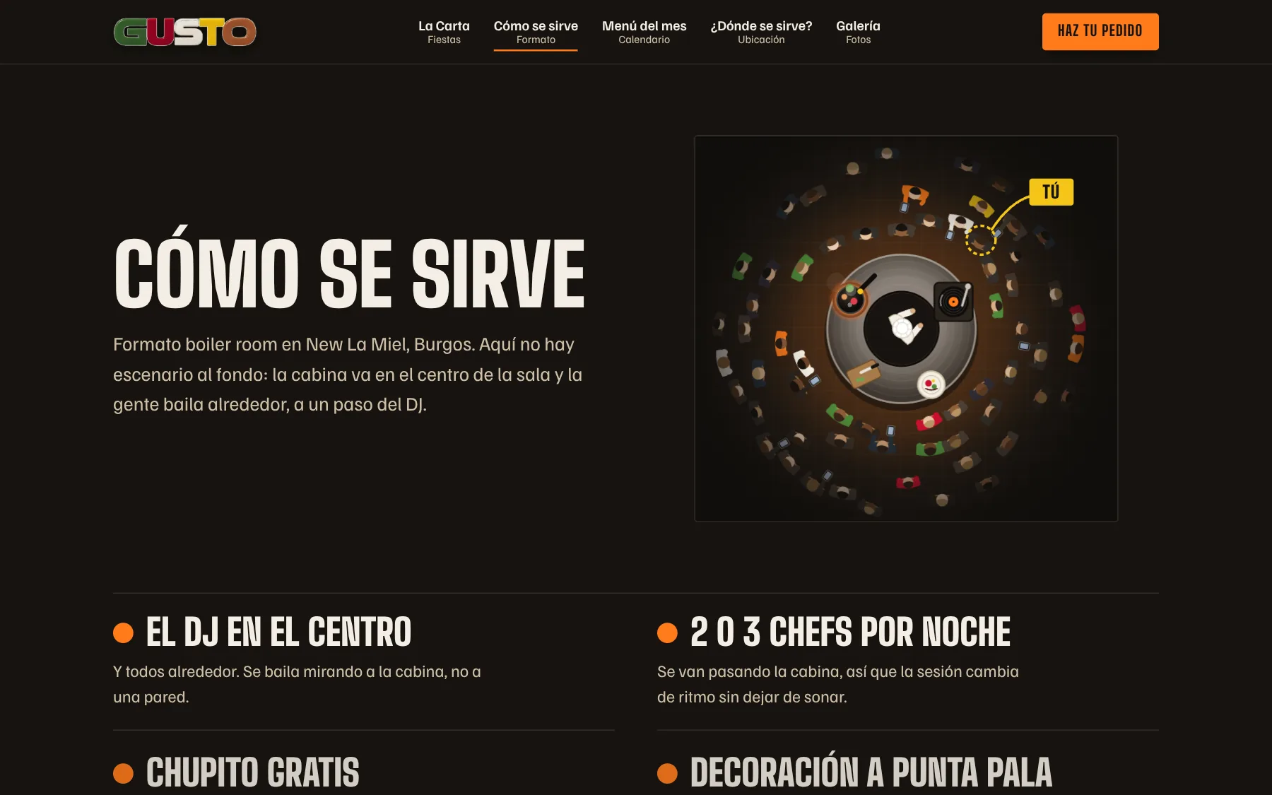 Página Cómo se sirve de Viernes de Gusto, con la cabina del DJ en el centro de la sala