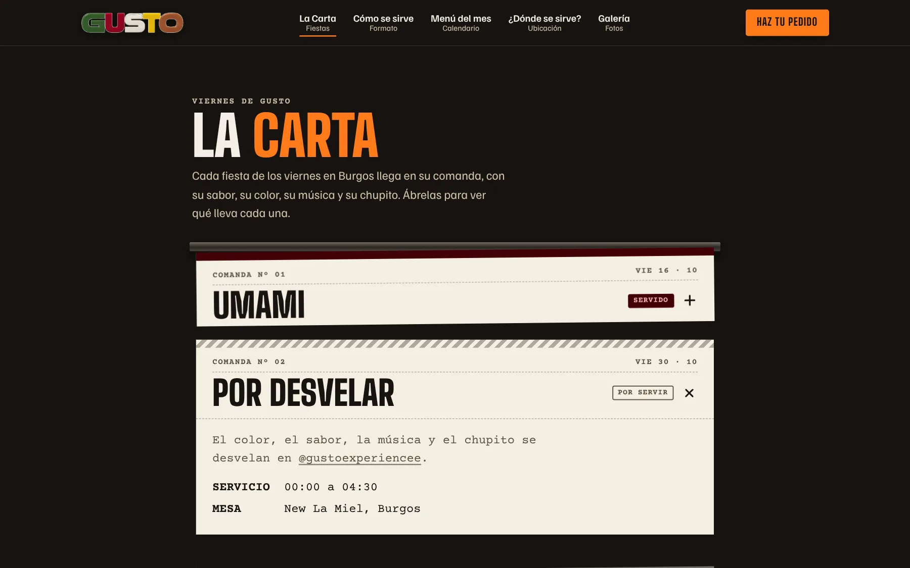 Página La Carta de Viernes de Gusto, con cada fiesta presentada como una comanda