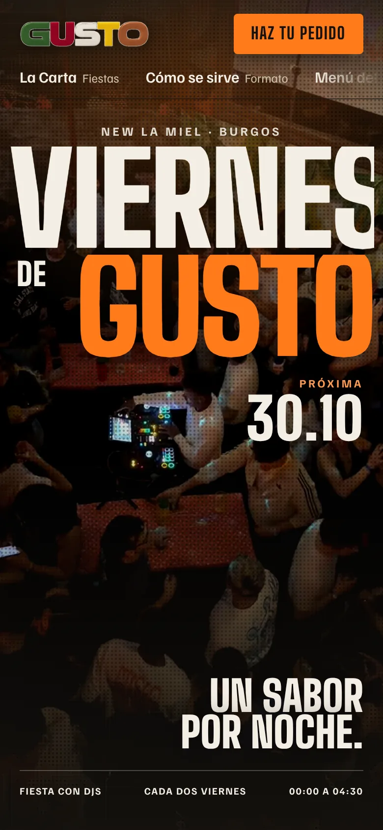 Versión móvil de la web de Viernes de Gusto con la fecha de la próxima fiesta