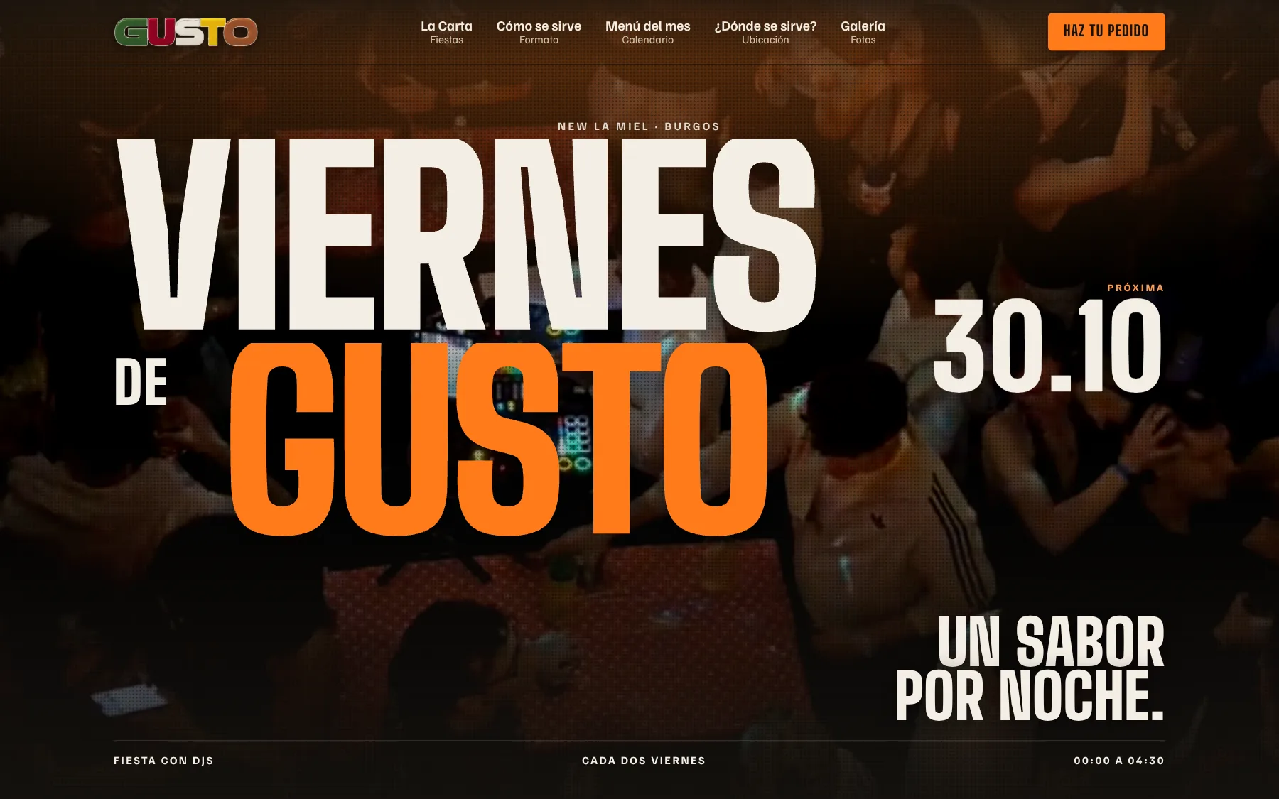 Página de inicio de Viernes de Gusto con el titular en naranja sobre un vídeo de la fiesta y la fecha de la próxima edición